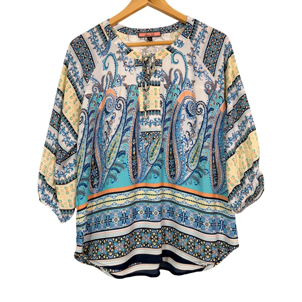 Olive Hill Womens Small Blue Paisley Lace Back 3/4 Sleeve Boho Blouse Top